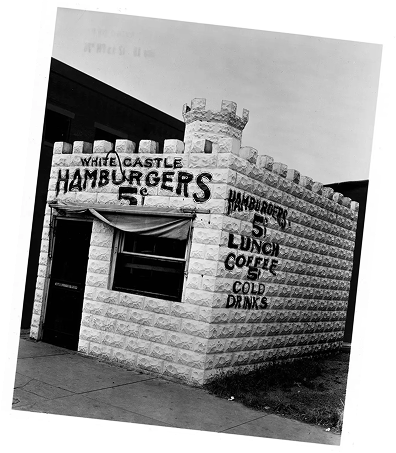 One of the original White Castle stand-alone hamburger shop buildings in black & white.